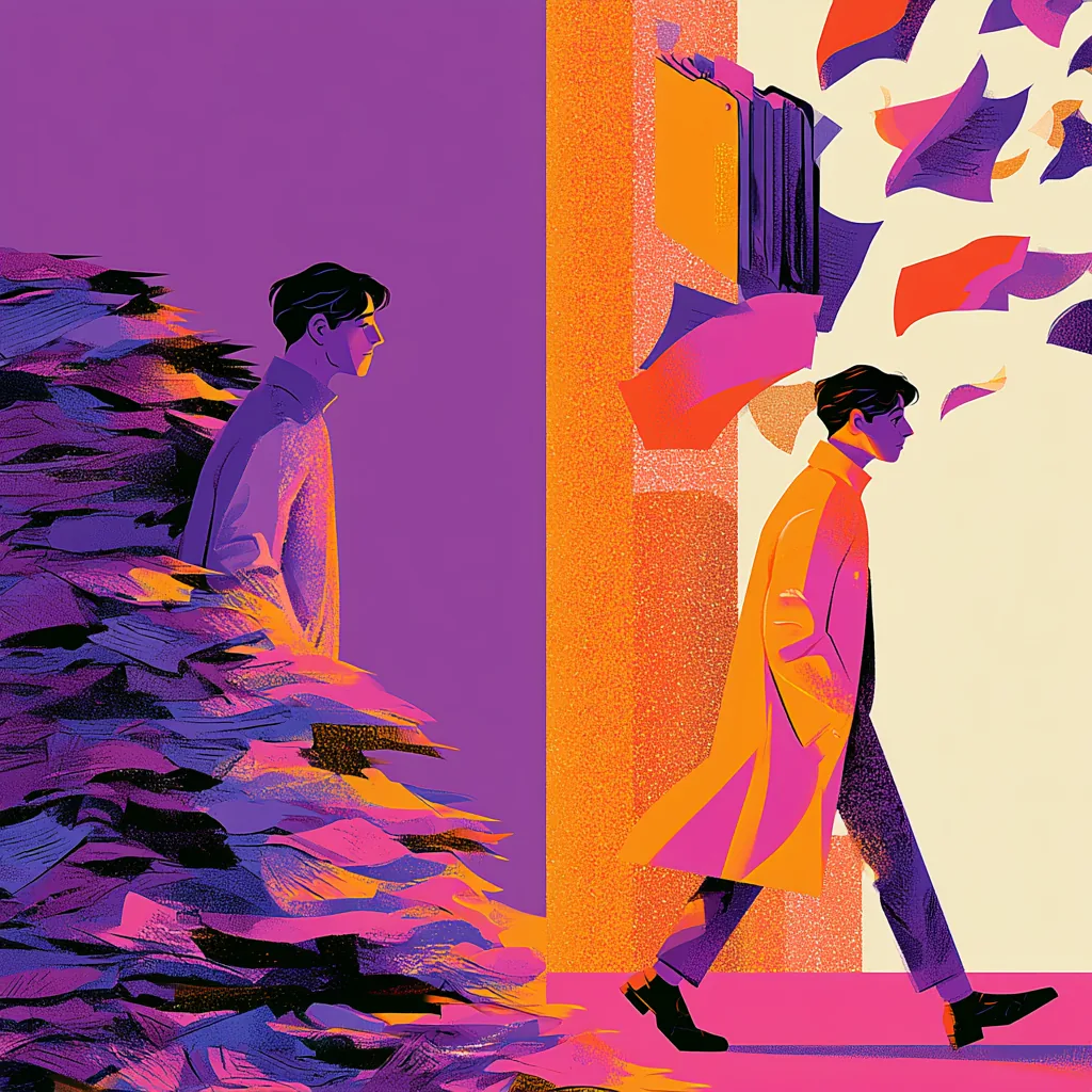 Illustration avant-après : un homme enseveli sous une pile de papiers d'un côté, le même marchant libéré de l'autre, ses documents s'envolant vers un dossier rangé