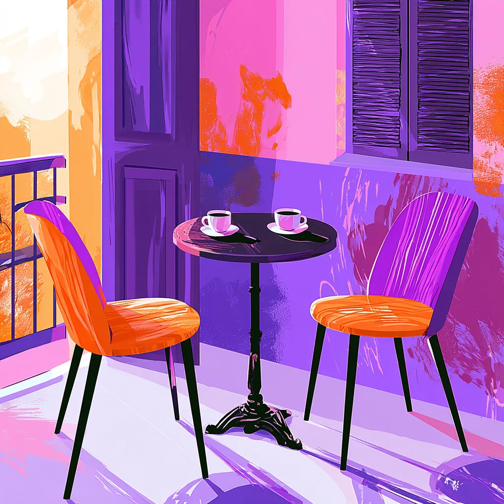Illustration : deux chaises autour d'une petite table de café au soleil, deux tasses servies, une chaise avancée comme une invitation