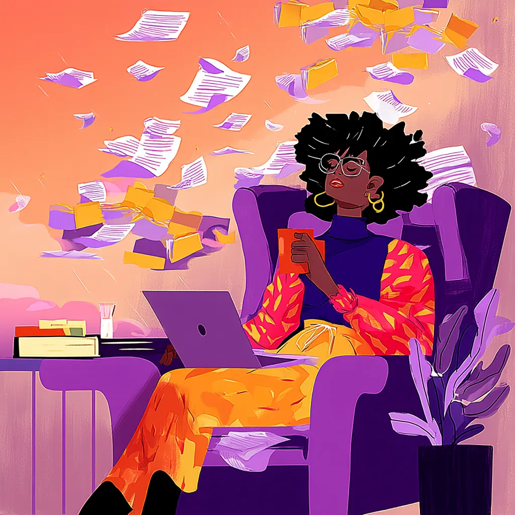Illustration : une professionnelle détendue dans son fauteuil, café en main, pendant que ses documents se classent tout seuls derrière elle