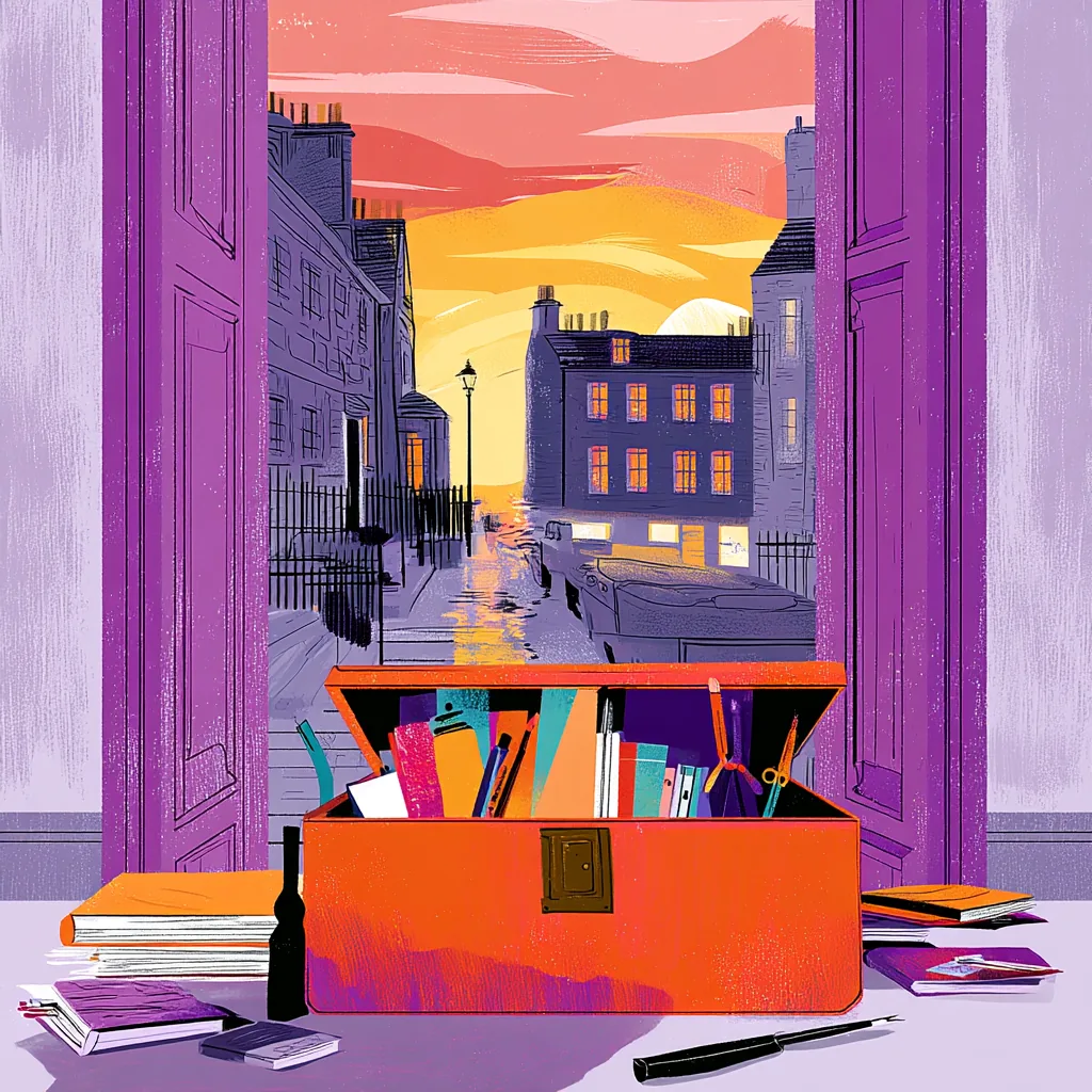 Illustration : une boîte à outils rouge grande ouverte, remplie de carnets et d'instruments, posée devant une porte ouverte sur une rue au coucher de soleil