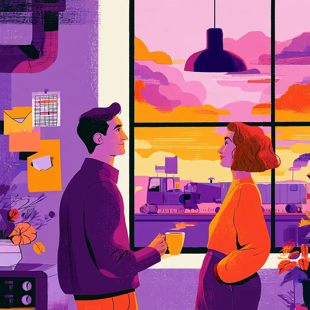 Illustration : deux associés discutent calmement autour d'un café pendant que leur pipeline de prospection tourne tout seul derrière la fenêtre