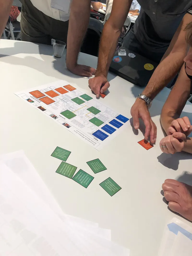 Des mains placent des cartes de couleur sur un plateau de jeu imprimé, pendant l'épreuve du dictionnaire de données.