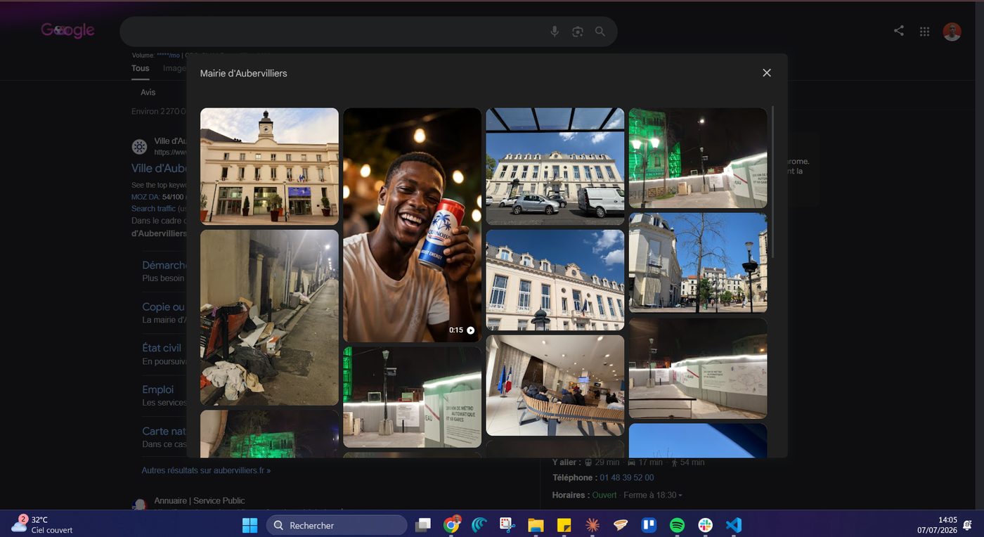 Galerie de la fiche Google Mairie d'Aubervilliers, la vidéo publicitaire en deuxième position parmi les photos officielles, capture du 7 juillet 2026